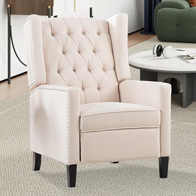 Fabric Recliner Chair Accent Living Room Chairs White Modern Mid-Century Recliner Button Tufted Club Chair Upholstered Reclining Reading Arm Chair 27 Wide