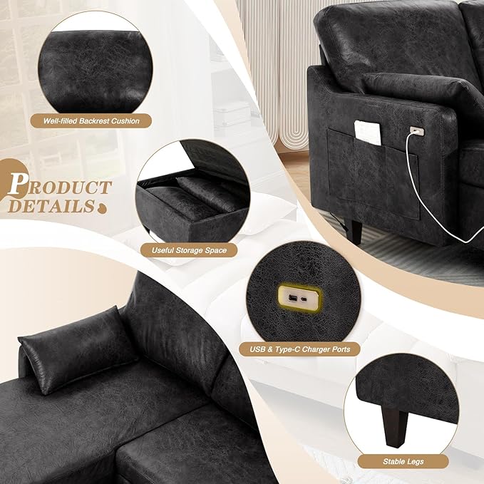 76 Sectional Sofa Couch w/Reversible Chaise Suede Leather L Shaped Sofa w/USB Charger Ports &amp Storage Bag Convertible Modern Couch w/Storage Space for Living Room Small Space Black