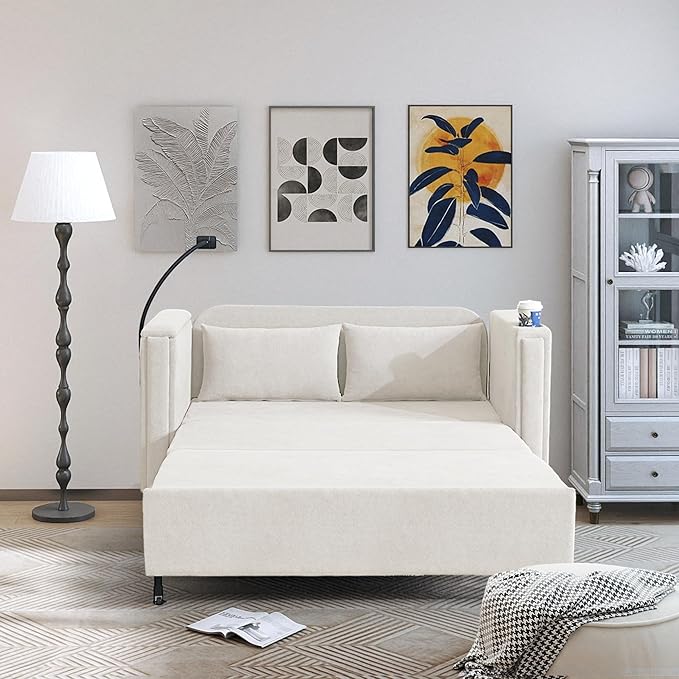3-in-1 Convertible Sleeper Sofa Couch with Pullout Bed Loveseat Sleeper Sofa Bed with Hidden Side Table 56 Full Size Folding Futon Couch for Living Room Guest Room Apartment Home Office (Beige)