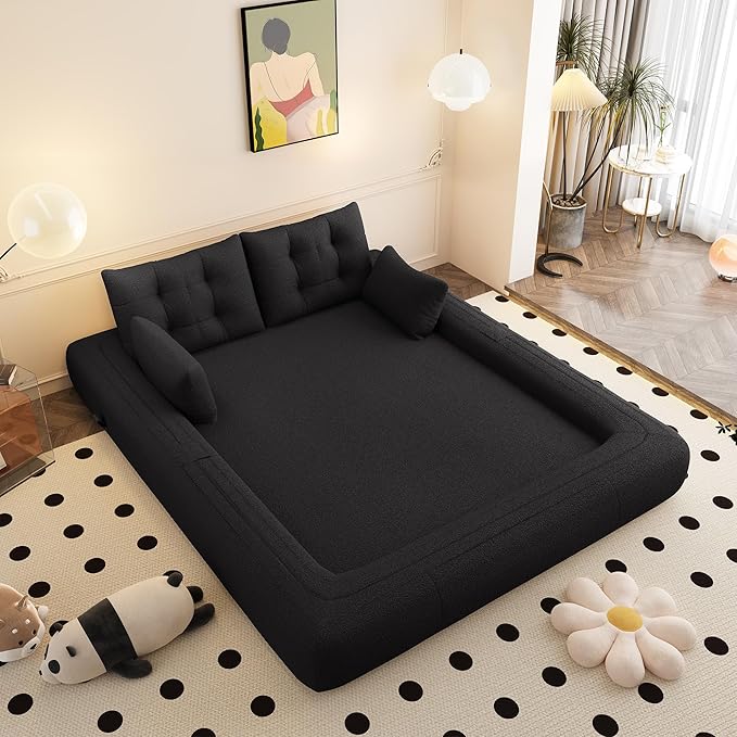 78.7 Convertible Sofa Bed 3-in-1 Folding Floor Couch with 4 Pillows Sleeper Sofa for Living Room and Guest Bed No Assembly Required (Black Teddy Fabric)