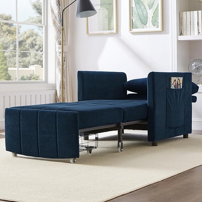 Pull Out Sofa Bed for Living Room 31.5 Upholstered Convertible Sleeper Sofa 3-in-1 Convertible Sleeper Chair with 5-Position Adjustable Backrest Side Pockets and a Storage Basket (Blue/352)