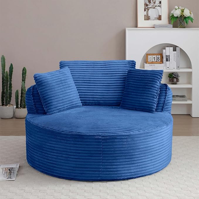 Antetek 53-inch Round Chaise Lounge Chair Indoor Modern Cloud Single Corduroy Couch with 3 Pillows Boneless Compressed Memory Foam Sofa Chair for Living Room Bedroom Apartment Blue