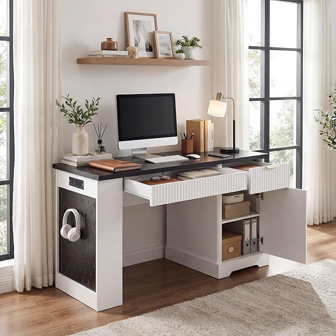 55 Executive Desk with Fluted Drawers Wood Home Office Desk with Storage Cabinet Charging StationFluted Computer Writing Desk with Adjustable Shelves for Study RoomLiving Room (White)