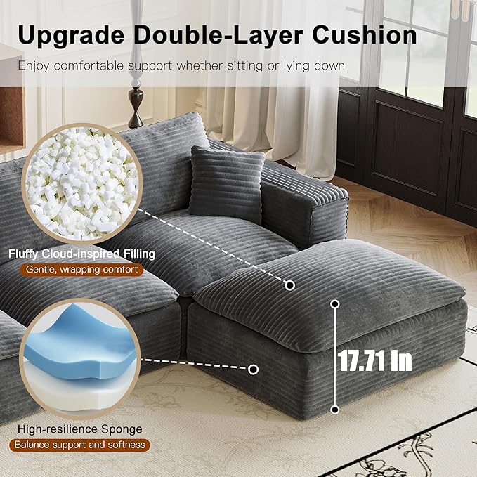 108'' Modular Sectional Sofa with Ottoman Corduroy Cloud Sectional Couches for Living Room High-Back Modern L Shaped Boneless Couch Deep Seat 3 Seater Sofa No Assembly Required Grey