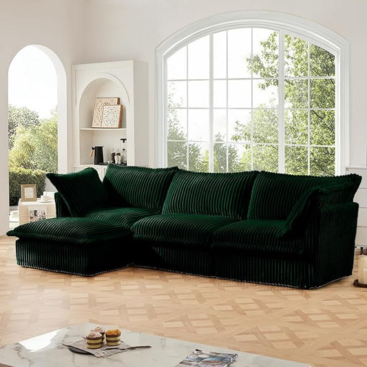 Aoowow Oversized Modular Sectional Sofa120” L-Shaped Comfy 3-Seat Sofa Couch with Movable Ottoman Upholstered Deep Seat Couches with Big Toss Pillows for Living Room Apartment OfficeGreen-Corduroy