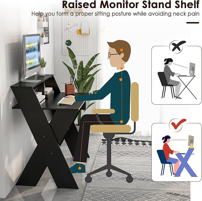 Tangkula 2-Tier Computer Desk with Storage Drawer Small Writing Desk with Monitor Stand Riser Thoughtful Footrest &amp X-Shaped Legs Compact Study Table for Small Space Home &amp Office (Black)