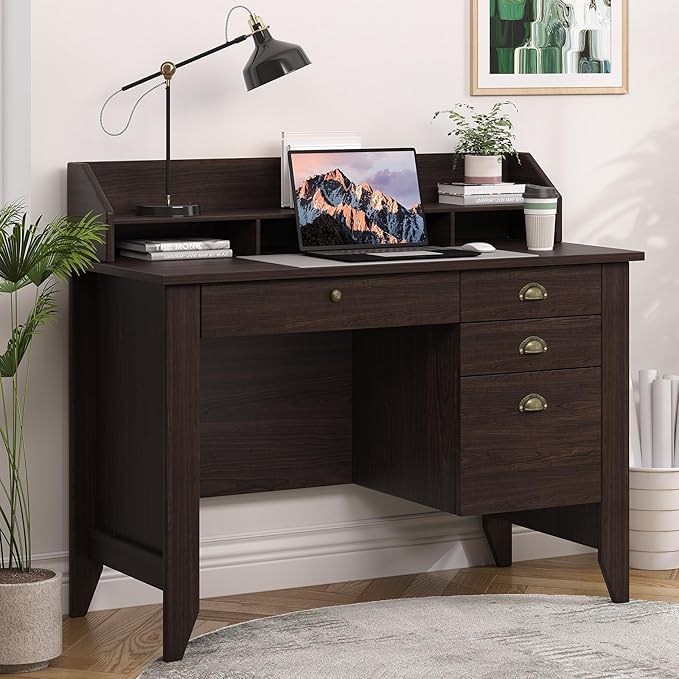 4 EVER WINNER Small Desk with Drawers Office Desk with File Drawer and Monitor Stand Writing Desk Study Table for Small Spaces Espresso