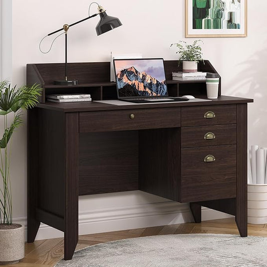 4 EVER WINNER Small Desk with Drawers Office Desk with File Drawer and Monitor Stand Writing Desk Study Table for Small Spaces Espresso