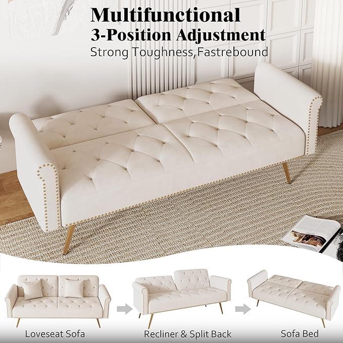 Stylish Velvet Sofa 70 Sofa Sleeper Convertible with Matching Pillows for Living RoomApartmentSmall Spaces (Beige)