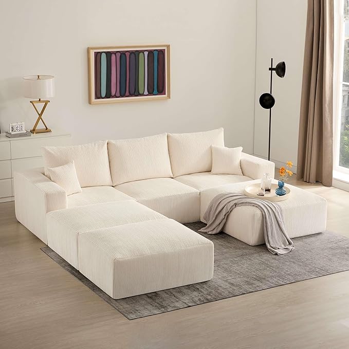 Modern Sleeper Sofa Couches for Living Room-113 Beige 3 Seater Boneless Cloud Couch-No Assembly Required Modular Corduroy Convertible Full Sponge Compression Sofas for House Apartment