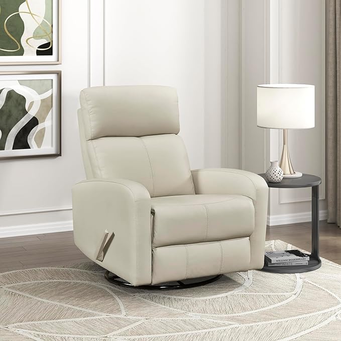 Lexicon Swivel Glider Reclining Chair Top Grain Leather Match Manual Pull Handle Recliner Comfy Nursery Glider Recliner Swivel Reclining Chair for Living Room/Office/Bedroom/Apartment Beige