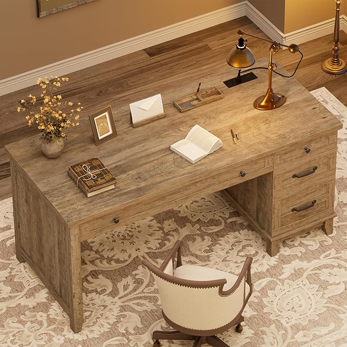 53.5 Farmhouse Home Office Desk with File Cabinet Wooden Executive Desk with Power Outlet Work Desk with Drawers Traditional Wood Desk for Home and Office Gray
