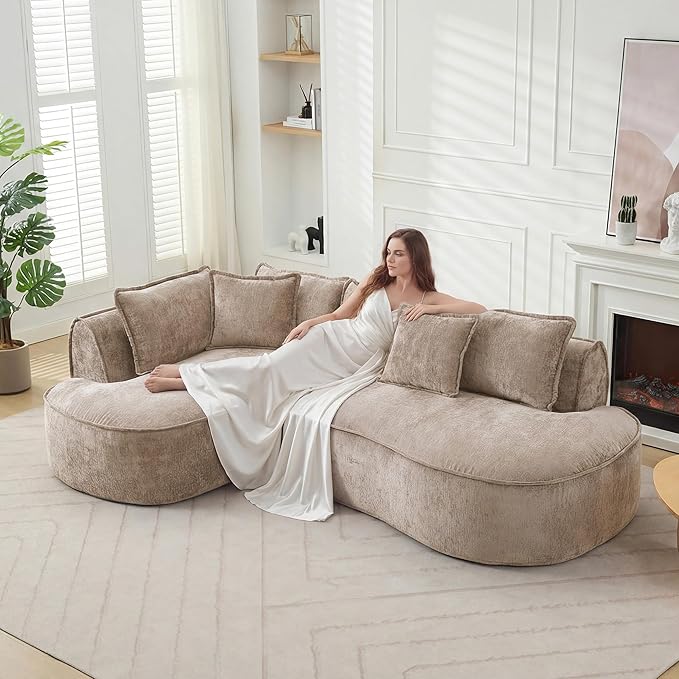 Modern Luxurious Oversized Boneless Couches Sectional Curved Sofa with 6 Pillows L-Shape Boneless Couch with Deep Seat High-Density Memory Foam No Assembly Required Chenille (Brown)