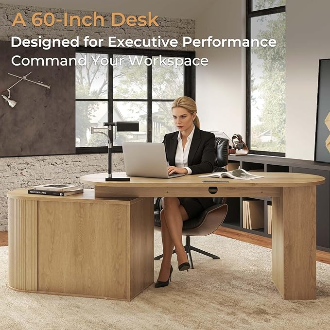 HSH Office L Shaped Computer Desk Large Reversible L Desks with Storage Cabinet and Keyboard Tray Home Office Corner Executive Desk with Power Outlet for Study Workstation Oak 60 Inch