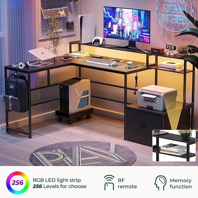 L Shaped Desk with Drawers 66 Home Office Desk with Power Outlet and Led Strip Computer Desk with Storage Shelves &amp Monitor Stand Large Corner Desk Gaming Desk Black