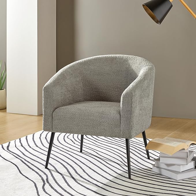 HULALA HOME Boucle Accent Chair Set of 2 Cozy Accent Barrel Chair with Metal Legs Upholstered Lounge Chair Single Sofa Armchair for Bedroom Living Room Reception Room Office Grey