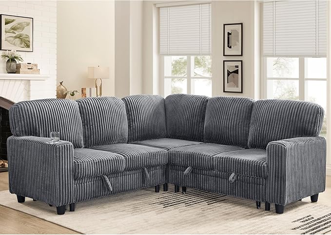 KEIKI 81 L-Shaped Oversized Corduroy Modular Sectional Sleeper Sofa with Pull-Out Bed Storage Seat Modern 5-Seater Upholstered Couch Bed with Charging Station Easy Assembly for Living Room Grey
