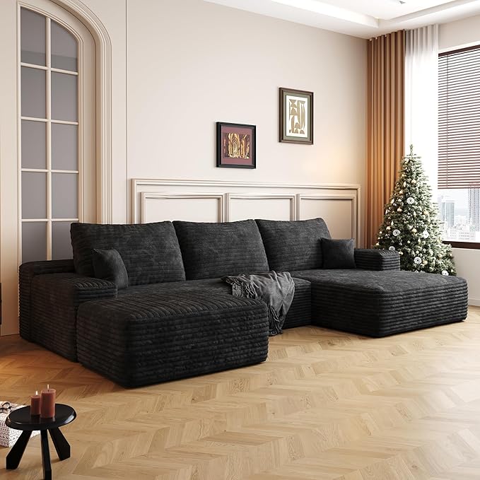 108 W Corduroy Sectional Boneless Cloud Couch with Chaise &amp Ottoman No Assembly Required U Shaped Modular Sectional Sofa Cozy Fluffy Sofa for Living Room (Black Right Facing Chaise+Ottoman) |