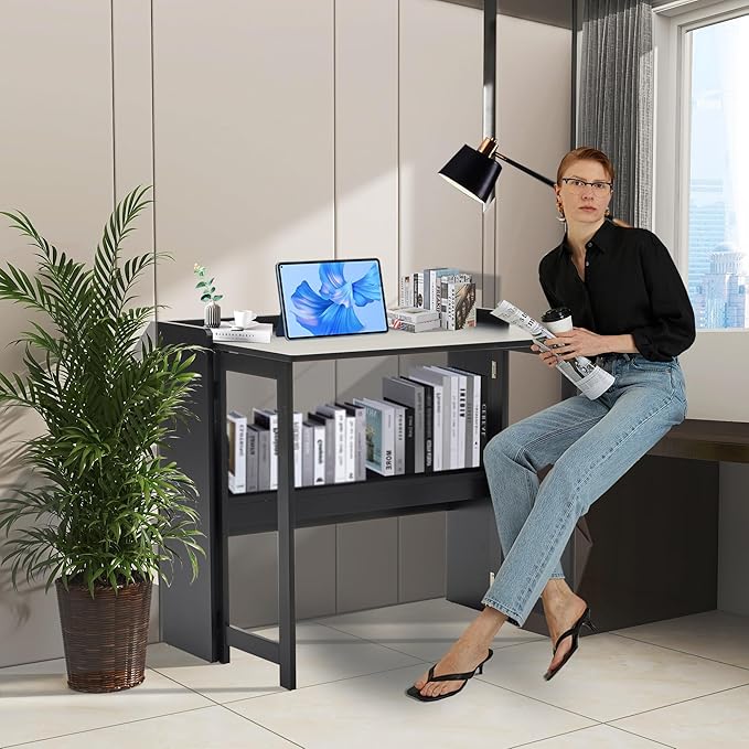 KEIKI 32.6 Folding Table with Storage Shelf Foldable Computer Desk for Small Spaces Space-Saving Study Table for Bedroom Home Office Dorm and Apartment Black
