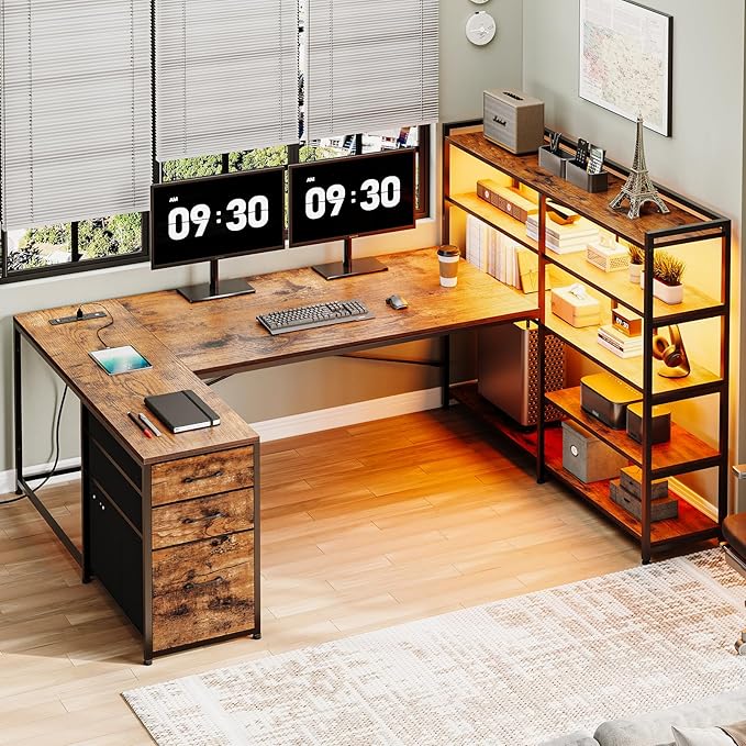 SEDETA L Shaped Desk with Storage Shelves 64.5 Reversible U Shaped Office Desk with 3 Fabric Drawers Gaming Desk with Power Outlet &amp LED Strip for Home Office Rustic Brown