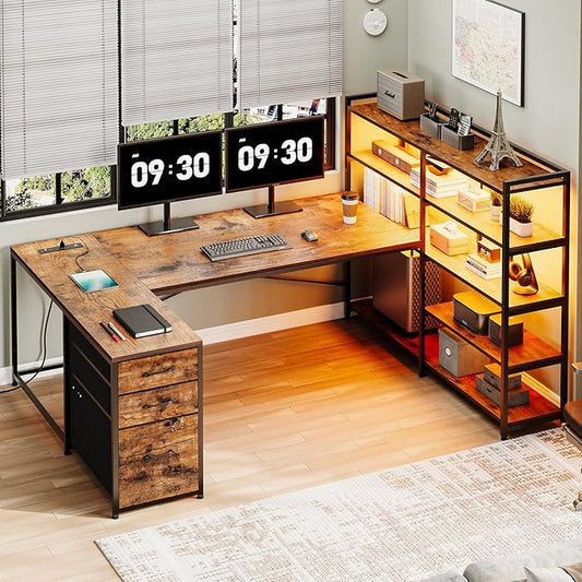 SEDETA L Shaped Desk with Storage Shelves 64.5 Reversible U Shaped Office Desk with 3 Fabric Drawers Gaming Desk with Power Outlet &amp LED Strip for Home Office Rustic Brown