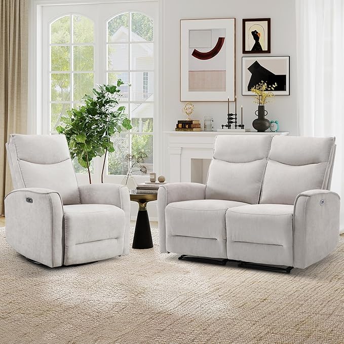 ANJ 2 Pieces Recliner Sofa Furniture SetInclude Power Swivel Recliner Chair with USB Port and 2-Seater Loveseat Reclining Couch for Living RoomLight Grey