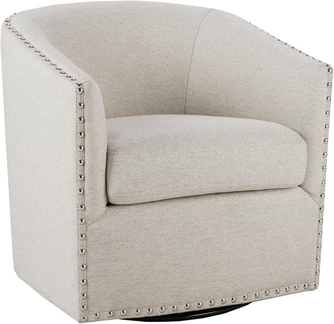 Madison Park Swivel Barrel Accent Chair Upholstered Curved Back with 7-Inch Thick Woven Cushion 360° Swivel Nailhead Trim Comfy Chair for Living Room Bedroom Office 28 Wide Neutral Tyler