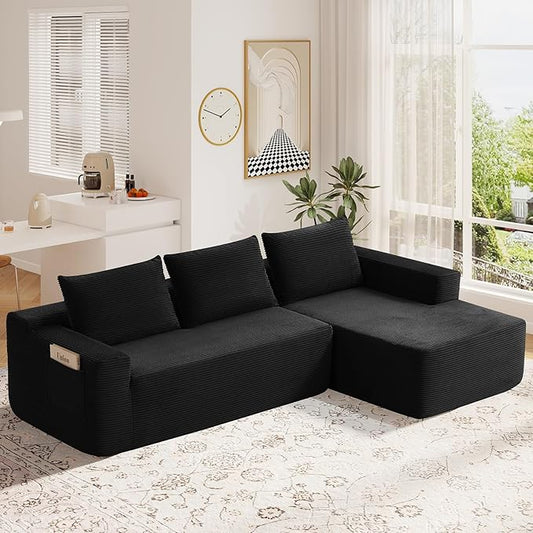 97 L Shaped Boneless Couches fo Living Room Modular Sectional Sofa Black Corduroy Compression Couches for Small Spaces No Assembly Required (Right Facing Chaise)