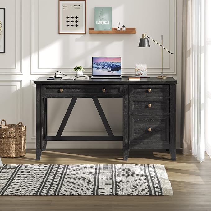 ONBRILL 54 Inch Farmhouse Executive Desk Computer Desk with Storage Drawers &amp File Drawer Modern Home Office Desk with Charging Station for Working Studying Writing Brown (Black)