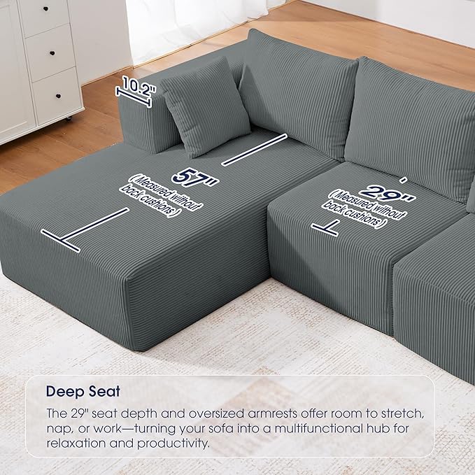 KINGYES 107'' Modular Sectional Sofa L Shaped Cloud Couch for Living Room Modern Boneless Sofa with Chaise for Bedroom Light Gray