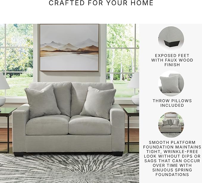 Signature Design by Ashley Ammon Casual Anti Sag Loveseat with Loose Seat Cushion and 2 Accent Pillows Light Gray