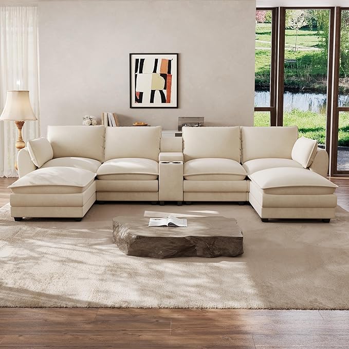 145'' Oversized Modular Sectional Sofa U Shaped Cloud Sectional Couches for Living Room Deep Seat Sofa with Central Console USB Port Cup Holders Movable Ottomans (Beige White)