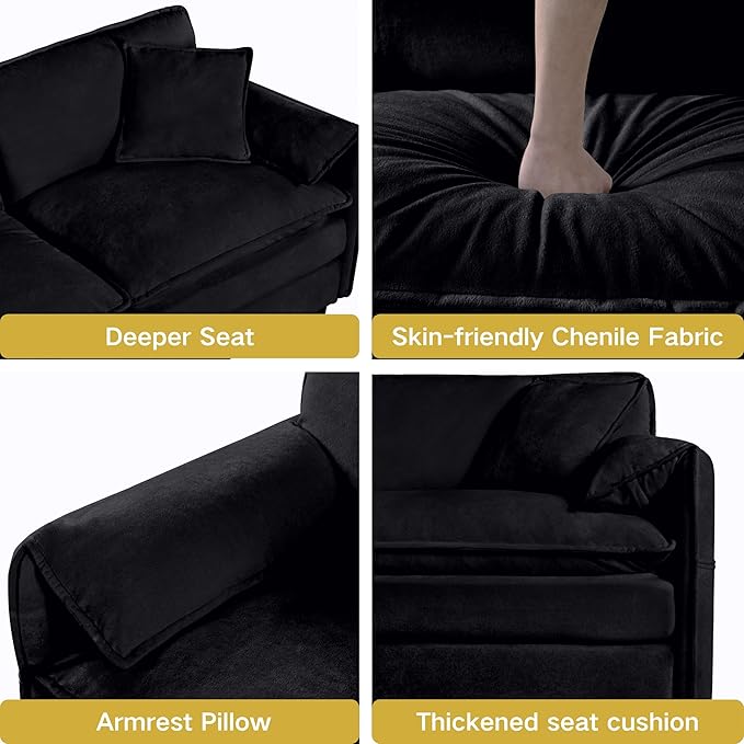 Oversized Chenille Loveseat Sofa 76” Comfy 2 Seater Couch with Deep Seat Modular Love Seat Couch for Living Room Bedroom Apartment Easy Assembly Small Cloud Couch Black
