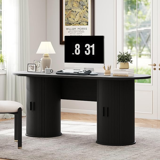 blini Executive Office Desk with Storage Fluted Wood Computer Desks with 2 Sliding Doors Mid Century Modern Oval Writing Table for Home Office Study Room Living Room