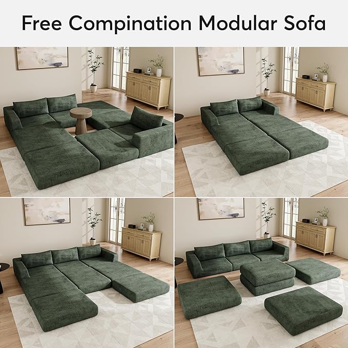 Cloud Boneless Modular Sectional Sofa 95.5 Modern Chenille Couch for Living Room Convertible L-Shaped Sleeper Sofa Bed with Ottoman Deep Seat Cloud Couch Sectional No Assembly Required Green
