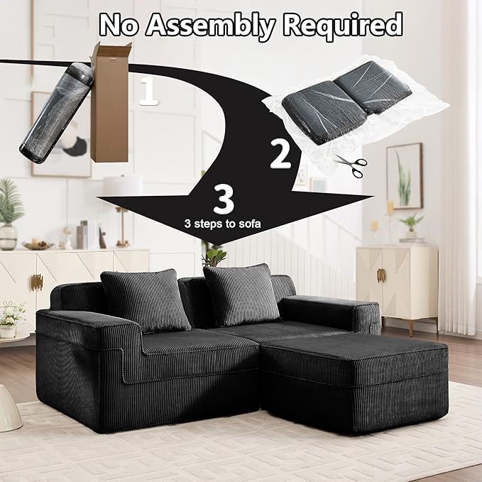 Sectional Cloud Boneless Sofa Couches for Living Room-81 Black 3 Seater L-Shaped Modern Lounge Couch No Assembly Required Corduroy Sleeper Sofas with Ottoman