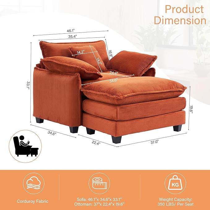 46 W Oversized Chair with Ottoman - Comfy Accent Chair and Ottoman Set Corduroy Large Armchair with Extra Thick and Deep Seat Cloud Chaise Lounge for Living Room (Orange Red)