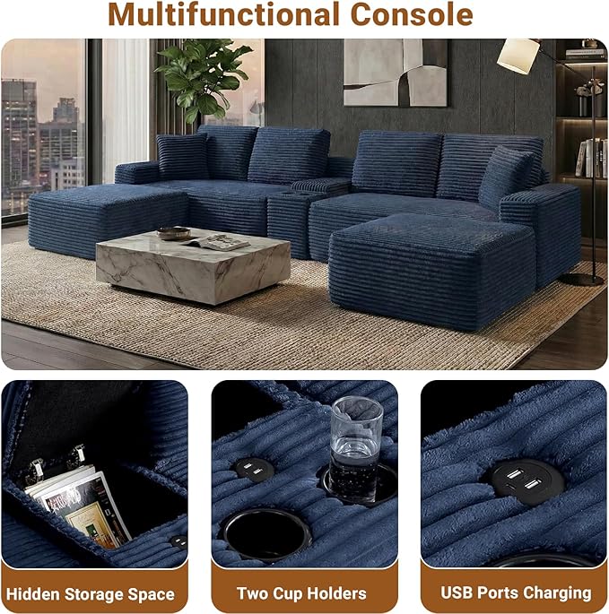 125 U-Shaped Sectional Couch Oversized Modular Sectional Sofa with USB Port &amp Storge Console Modern Corduroy Boneless Cloud Couch for Living Room No Assembly RequiredBlue