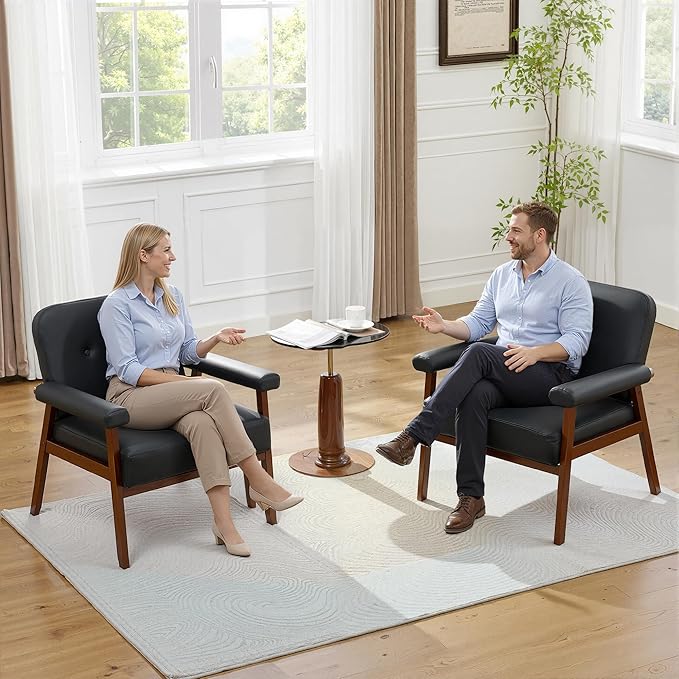 JIASTING Accent Chairs Set of 2 Black Leather Chairs with Solid Wood Frame Tufted Small Mid-Century Modern Wooden Arm Chair Comfy Office Reading Armchair for Living Room Bedroom (2)