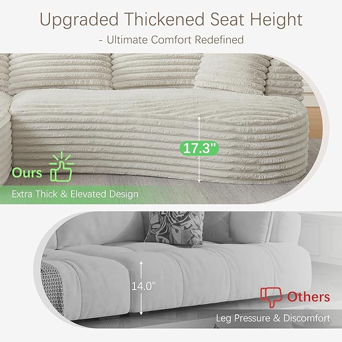 120.9 Curved L-Shape Sectional Sofa with Left Chaise Cloud-Like Corduroy Couch with Pocket Springs No Assembly Required Compressed in Box for Living Room &amp Apartment Cream