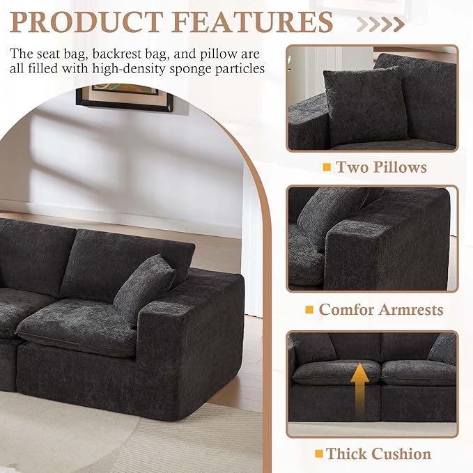 78'' Chenille Modular Loveseat Black Boneless Loveseat with 2 Pillows Cloud Couch Love Seats for 2-Seater Upholstered Sectional Sofa for Living Room No Assembly Freely Combinable (Black)