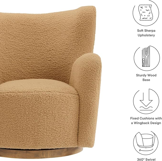 Modway Montrose Swivel Wingback Accent Chair in Camel Walnut Sherpa Teddy Fabric – Modern Furry Barrel Chair with 360-Degree Swivel Base – Soft and Comfy Living Room Chair