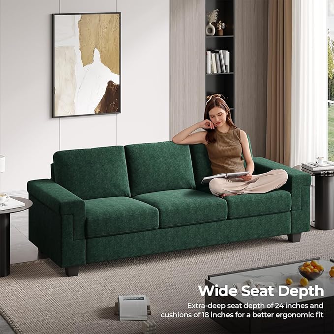 3 Seater Sofa Couch with Deep Seat 90 Modern Upholstered Sofa with Armrests Easy Installation Comfy Couches for Living Room Apartment Green