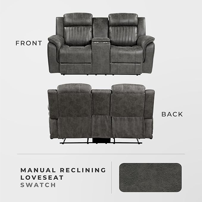 Lexicon 74 W Manual Double Reclining Loveseat with Center Console Polished Microfiber Recliner Loveseat Pillow Top Arms for Living Room Easy Assembly Brownish Gray