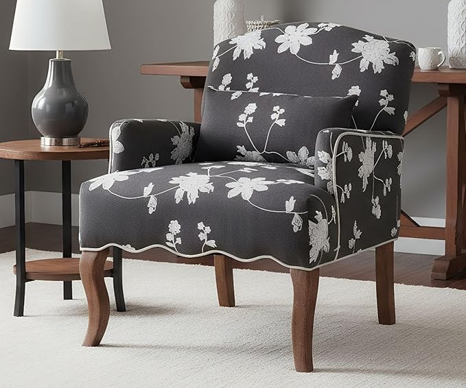 Mid Century Accent Chair Floral Reading Chair with Removable Pillow Wingback Arm Chair Upholstered Comfy Single Sofa for Living Room/Bedroom/Fireplace Grey 1PC