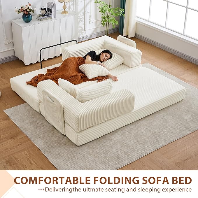 All-in-1 Folding Convertible Sofa Bed Boneless Futon Floor Couch Corduroy Fold Out Modular Lounge Comfy Loveseat Sleeper Lazy Cama for Living Room Bedroom Guestroom Beige（Wide Stripes）