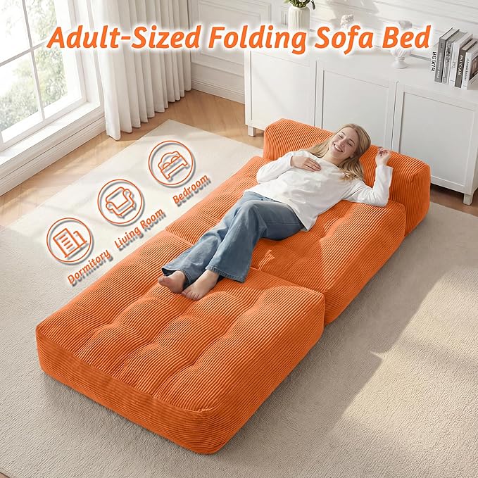 HABUTWAY Folding Sofa Bed Convertible Sleeper Chair Bed with Pillow &amp Handle Foldable Mattress with Back Support Portable Single Couch Comfy Floor Sofa Lounge for Living Room Bedroom(Orange)