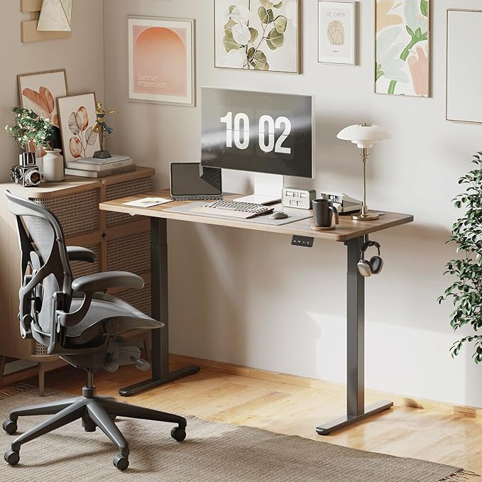 Cubiker Modern Black Walnut 55 x 24 Inch Electric Standing Desk 28-46.5 Inch Height Adjustable 2-Monitor Capacity Gaming