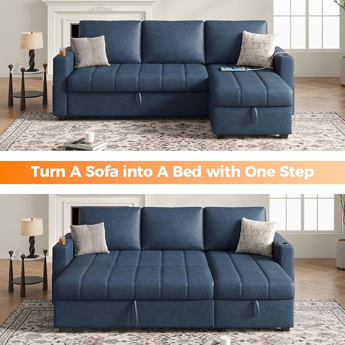 Fadware 89” L Shape Sofa Sleeper Sectional Sofa Bed with Hidden Storage&amp Side Pocket Anti-scratch Faux Leather Couch Bed with ChargePort&amp CupHolder Modern Piano Design Pull Out Couch for Li