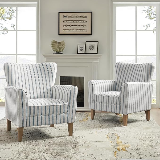 HULALA HOME Farmhouse Wingback Accent Chair Upholstered Striped Armchair with Solid Wood Legs Thick Seat Cushion for Living Room or Bedroom Navy